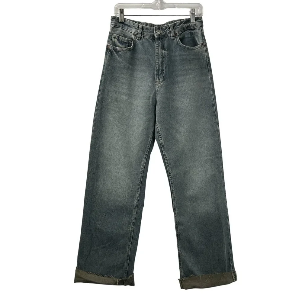 ZARA Women's 8 Jeans Blue Straight Leg High Rise Relaxed Baggy Cuffed Hem Denim - Picture 10 of 14